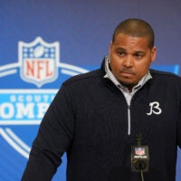 Feb 24, 2026; Indianapolis, IN, USA; Chicago Bears general manager Ryan Poles speaks at the NFL Scouting Combine at the Indiana Convention Center.