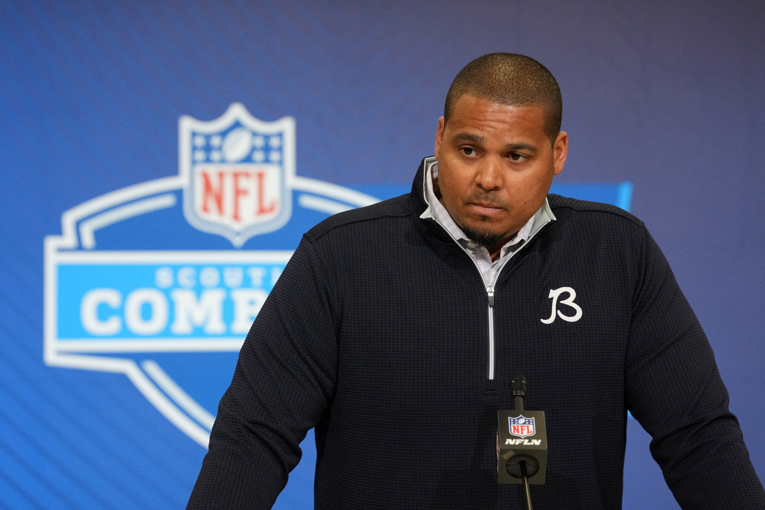 Feb 24, 2026; Indianapolis, IN, USA; Chicago Bears general manager Ryan Poles speaks at the NFL Scouting Combine at the Indiana Convention Center.