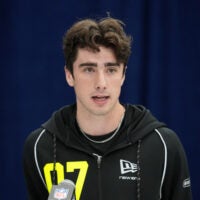 Feb 25, 2026; Indianapolis, IN, USA; Michigan place kicker Dominic Zvada (PK07) speaks during the NFL Scouting Combine at the Indiana Convention Center.