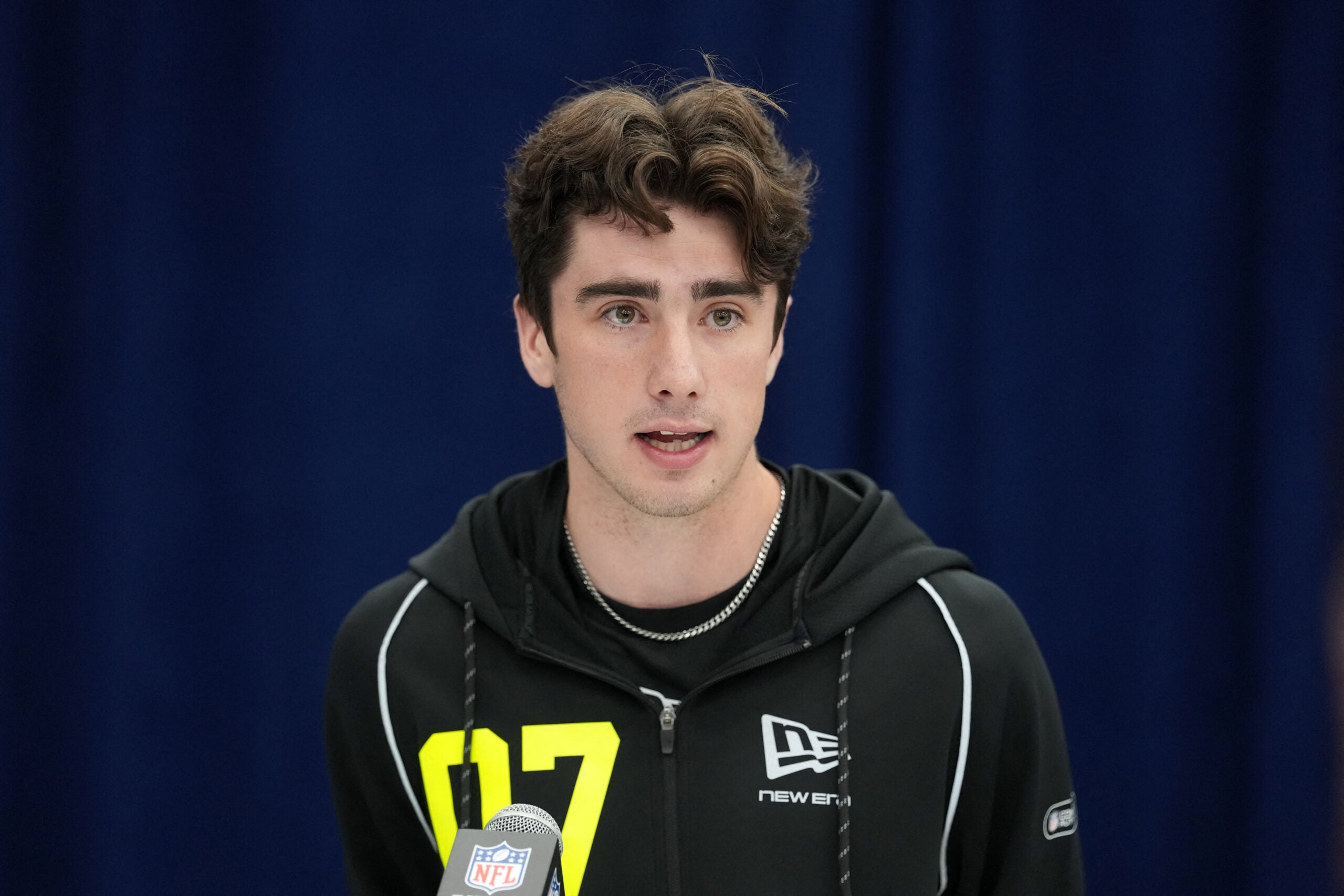 Feb 25, 2026; Indianapolis, IN, USA; Michigan place kicker Dominic Zvada (PK07) speaks during the NFL Scouting Combine at the Indiana Convention Center.