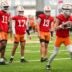 Tennessee quarterbacks, from left, Faizon Brandon (11), Ryan Staub (17), Mason Phillips (13) and George MacIntyre (15) during the Vols' first spring football practice in Knoxville on March 16, 2026.