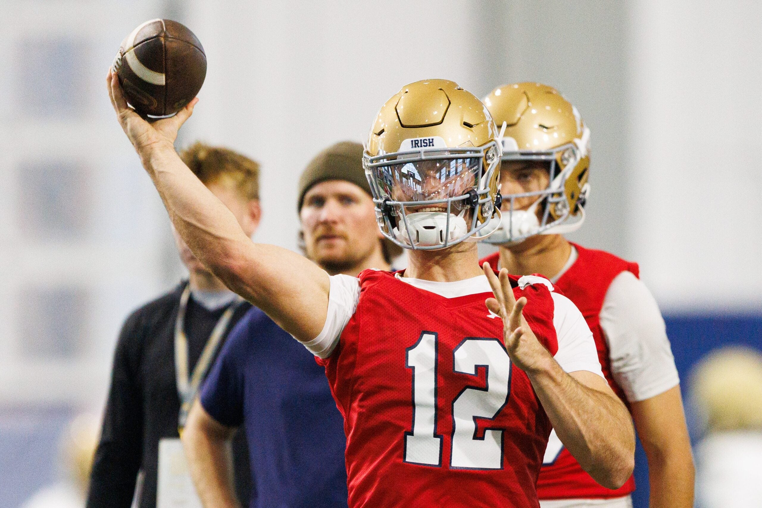 Quarterback Blake Hebert (12) during a Notre Dame football practice at Irish Athletic Center on Friday, March 20, 2026, in South Bend.