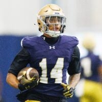 Wide receiver Micah Gilbert during a Notre Dame football practice at Irish Athletic Center on Friday, March 20, 2026, in South Bend.