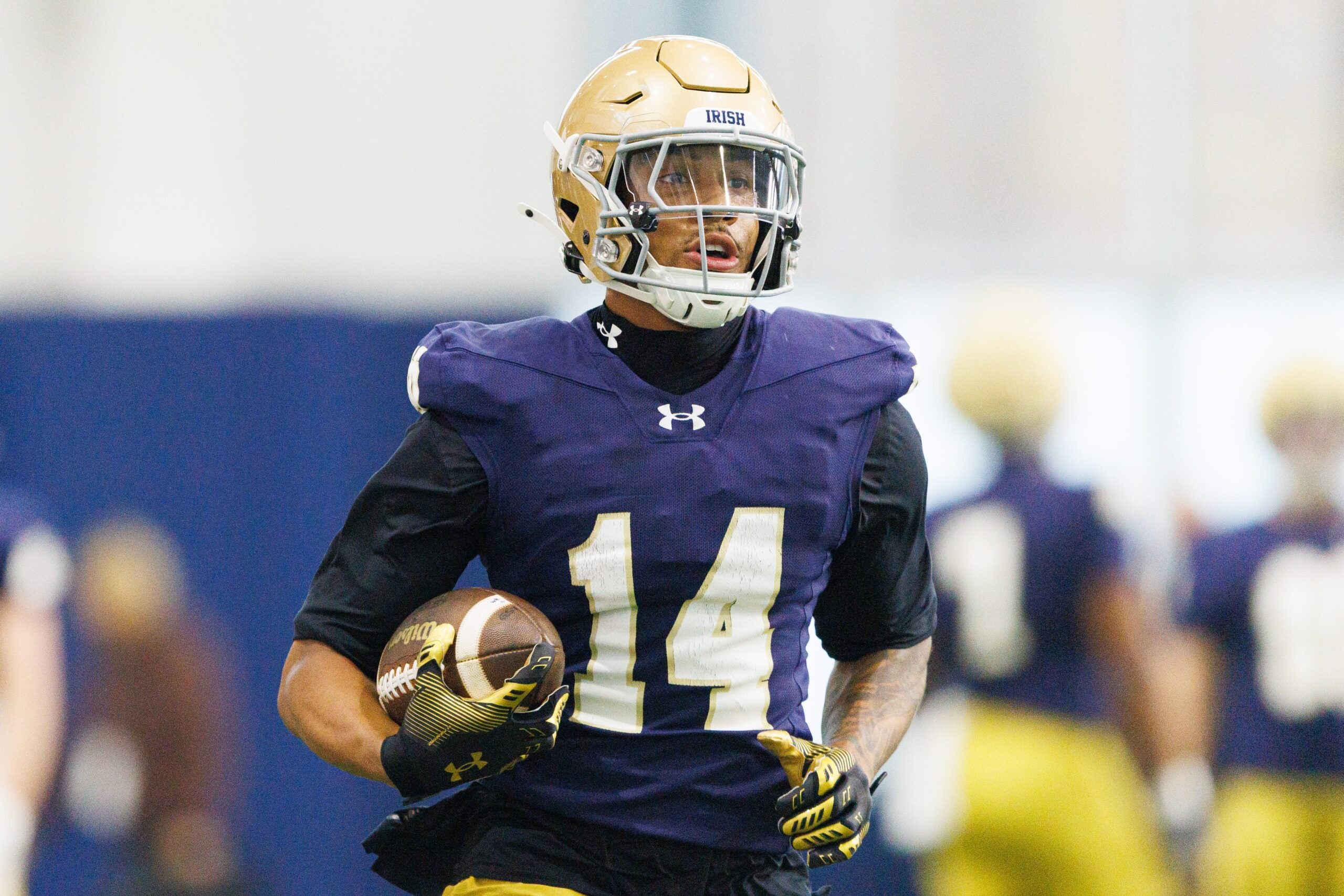Wide receiver Micah Gilbert during a Notre Dame football practice at Irish Athletic Center on Friday, March 20, 2026, in South Bend.