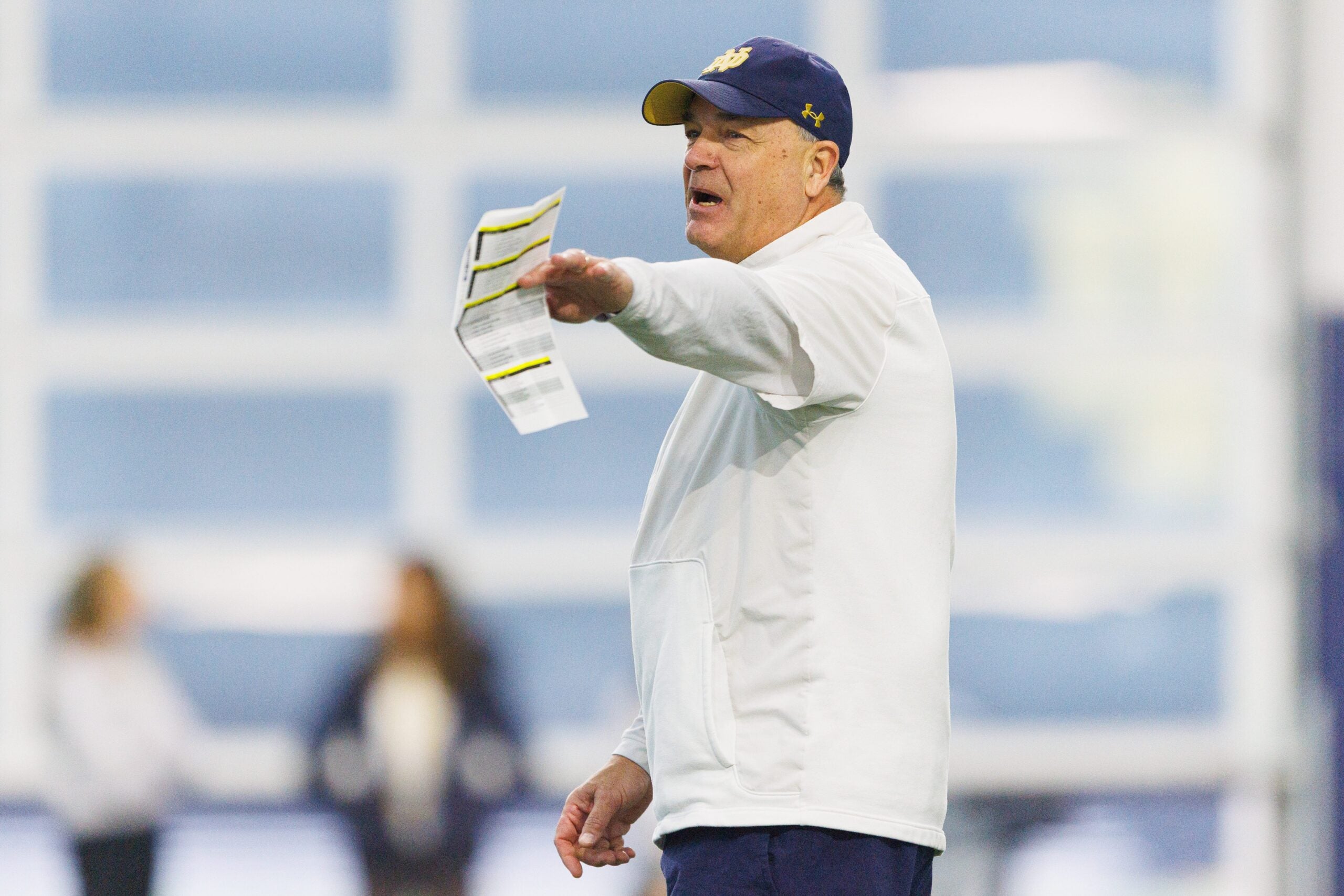 Offensive coordinator Mike Denbrock leads a drill during a Notre Dame football practice at Irish Athletic Center on Friday, March 20, 2026, in South Bend.