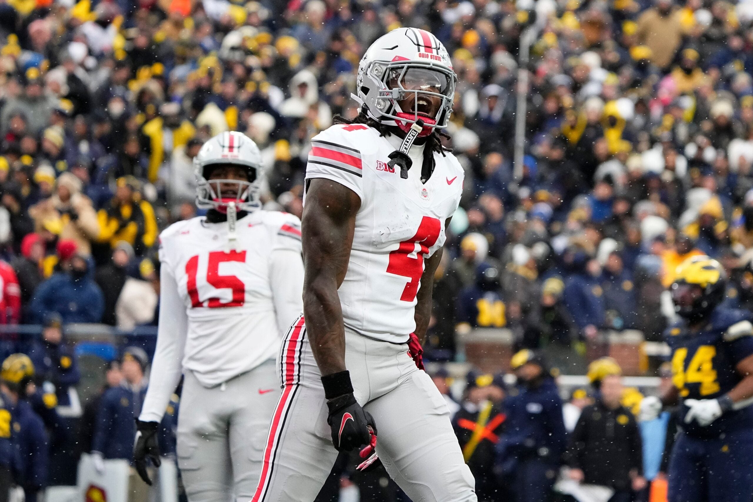 Ohio State receiver Jeremiah Smith celebrates a touchdown against Michigan on Nov. 29.