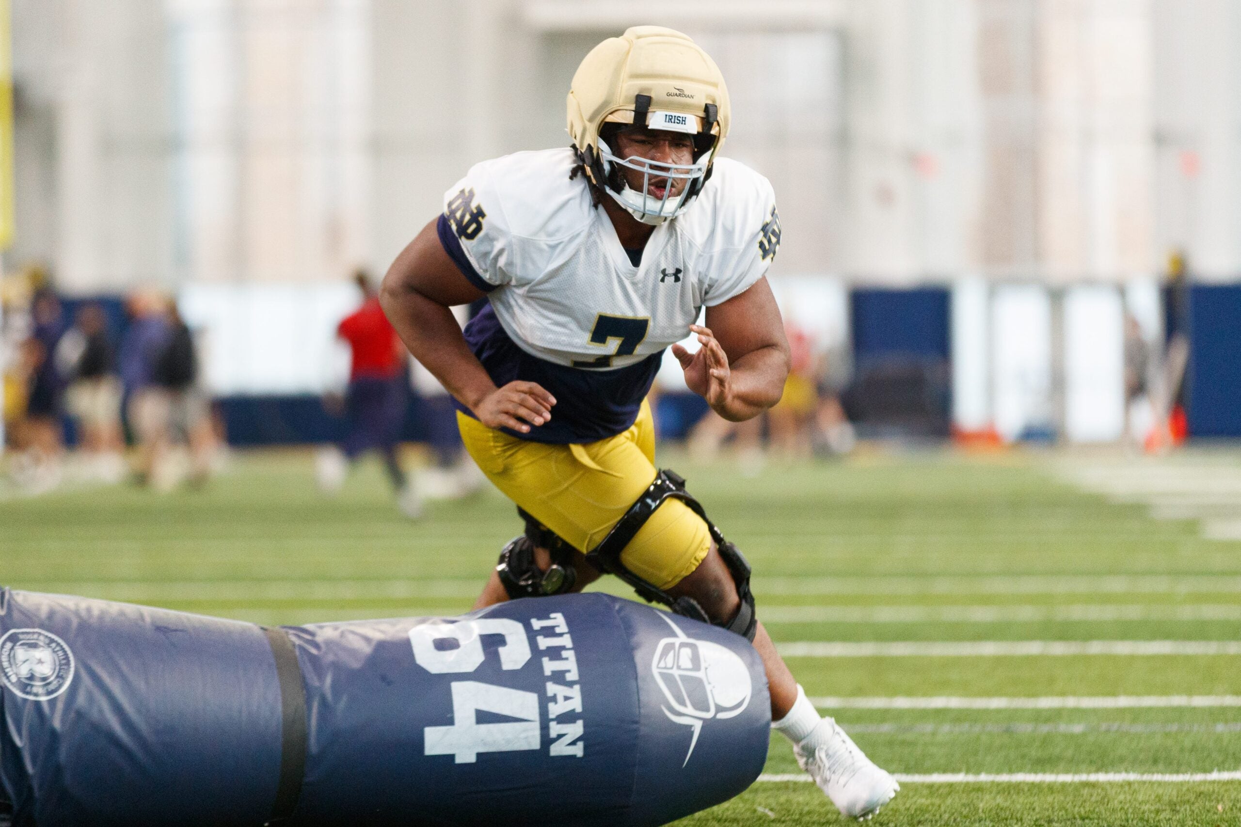 Defensive lineman Francis Brewu during a Notre Dame football practice at Irish Athletic Center on Wednesday, April 8, 2026, in South Bend.
