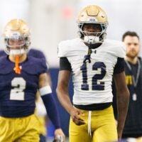 Defensive back Jayden Sanders (12) during a Notre Dame football practice at Irish Athletic Center on Wednesday, April 8, 2026, in South Bend.