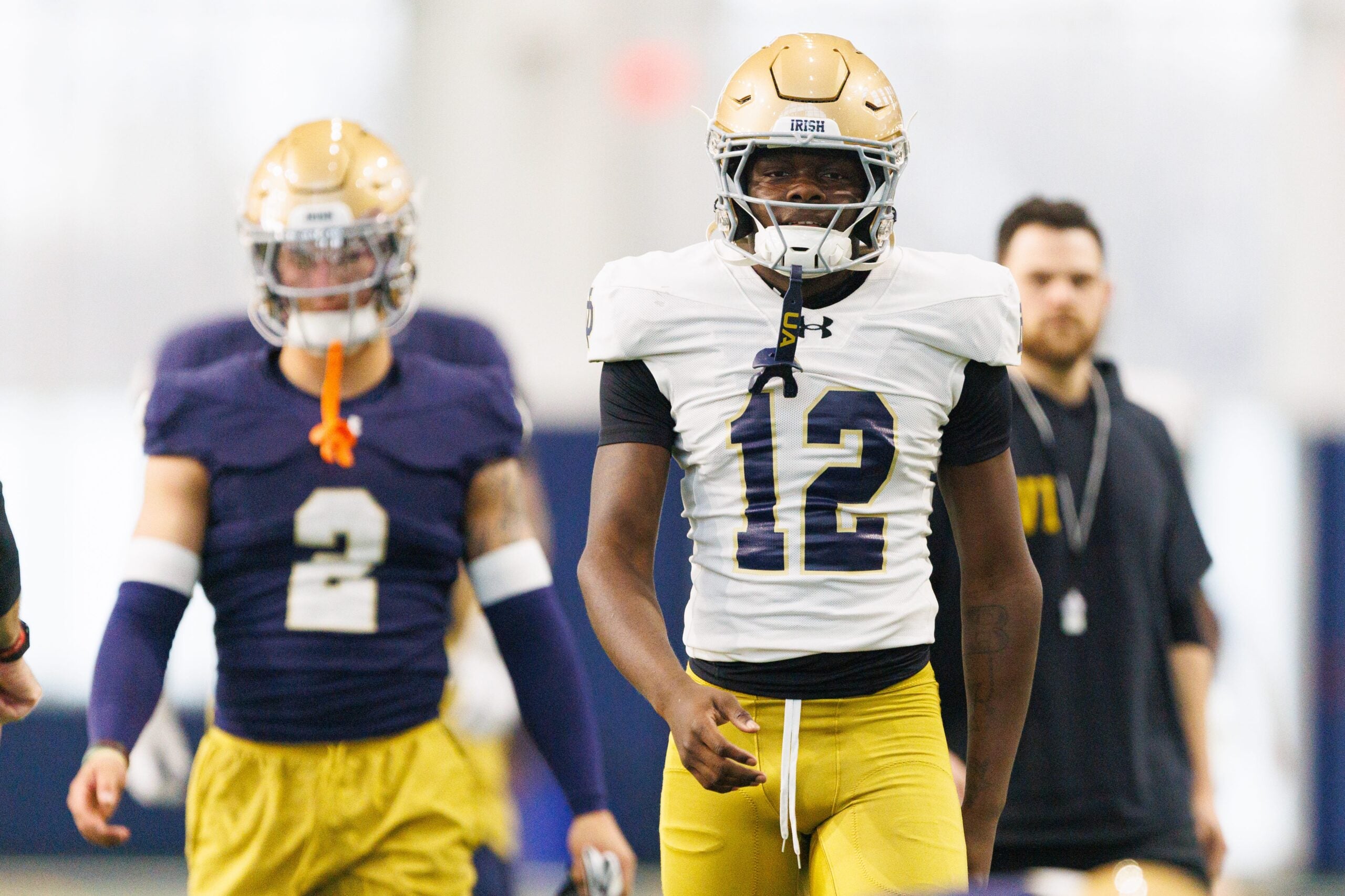 Defensive back Jayden Sanders (12) during a Notre Dame football practice at Irish Athletic Center on Wednesday, April 8, 2026, in South Bend.