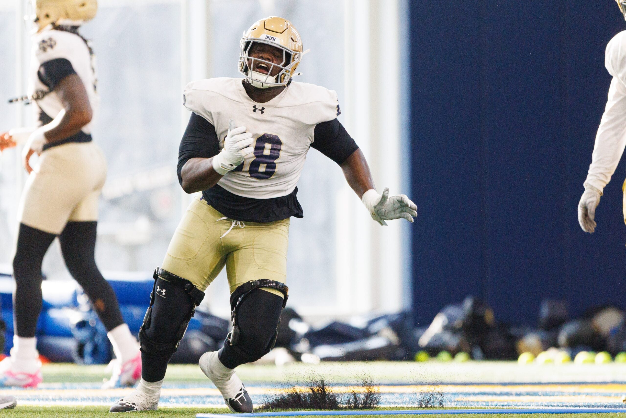Defensive lineman Armel Mukam during a Notre Dame football practice at Irish Athletic Center on Wednesday, April 8, 2026, in South Bend.