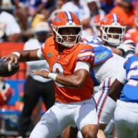 Florida quarterback Tramell Jones Jr. (9) passes during the first half of the Orange and Blue game at Steve Spurrier Field at Ben Hill Griffin Stadium in Gainesville, FL on Saturday, April 11, 2026.