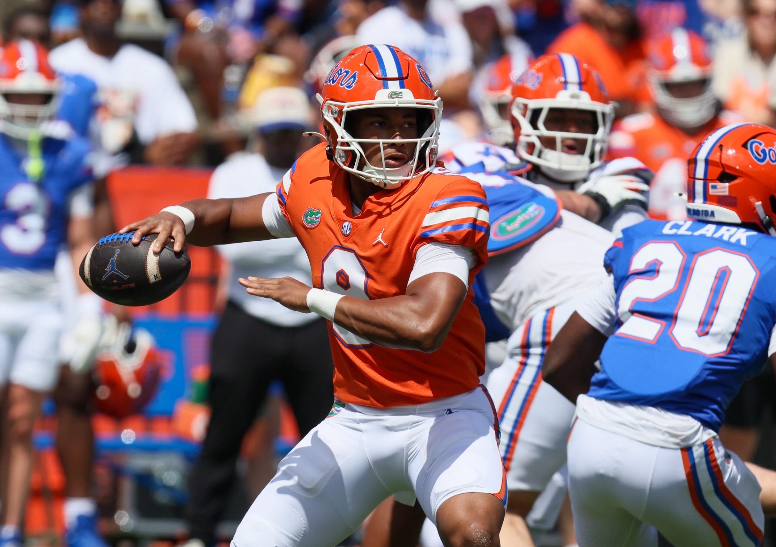Florida quarterback Tramell Jones Jr. (9) passes during the first half of the Orange and Blue game at Steve Spurrier Field at Ben Hill Griffin Stadium in Gainesville, FL on Saturday, April 11, 2026.