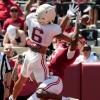 April 11, 2026; Tuscaloosa, AL, USA; Alabama Crimson Tide defensive back Red Morgan (6) breaks up a pass intended for Alabama Crimson Tide wide receiver Noah Rogers (5) at Bryant-Denny Stadium during the Alabama A Day scrimmage.