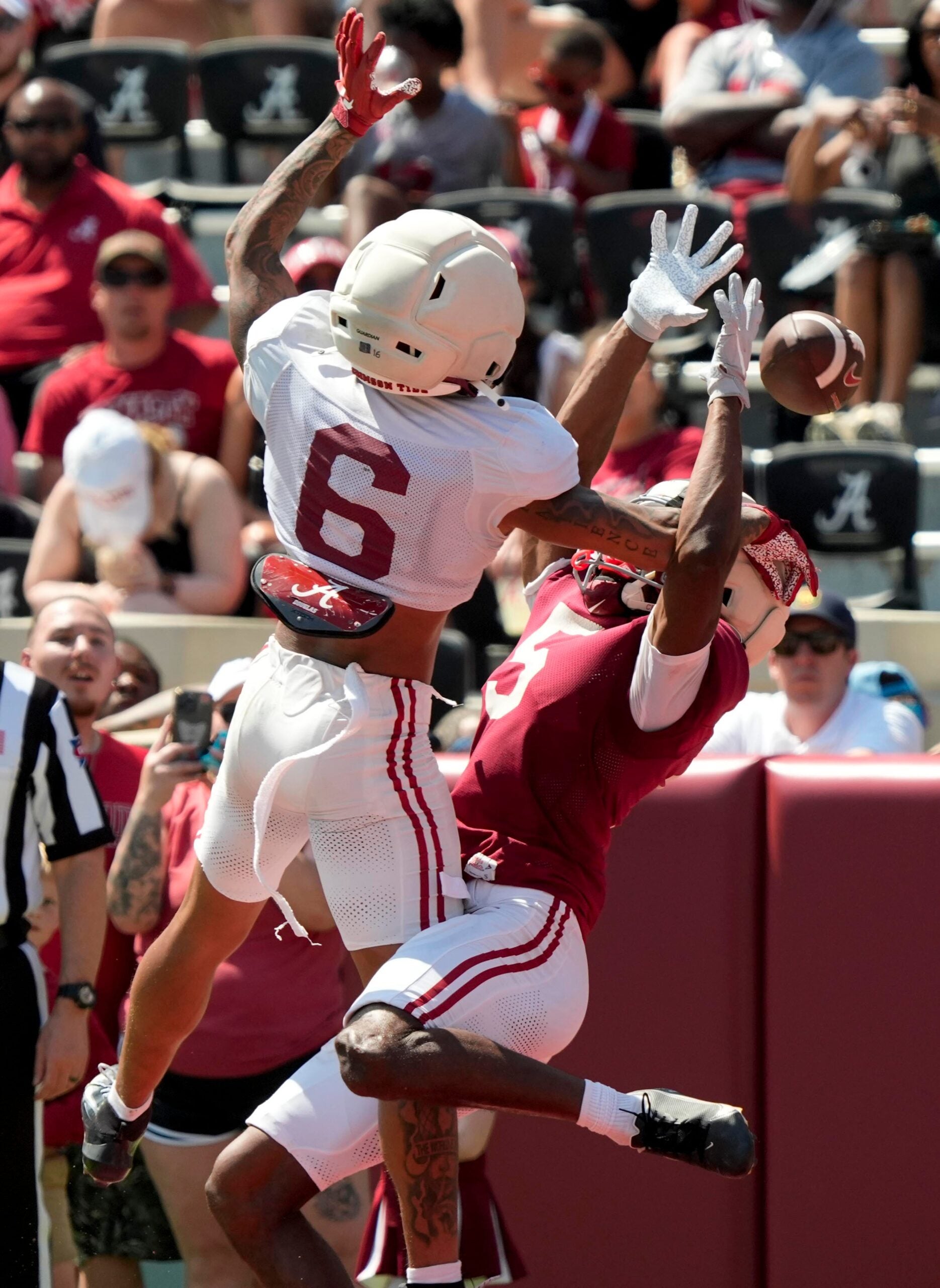 April 11, 2026; Tuscaloosa, AL, USA; Alabama Crimson Tide defensive back Red Morgan (6) breaks up a pass intended for Alabama Crimson Tide wide receiver Noah Rogers (5) at Bryant-Denny Stadium during the Alabama A Day scrimmage.