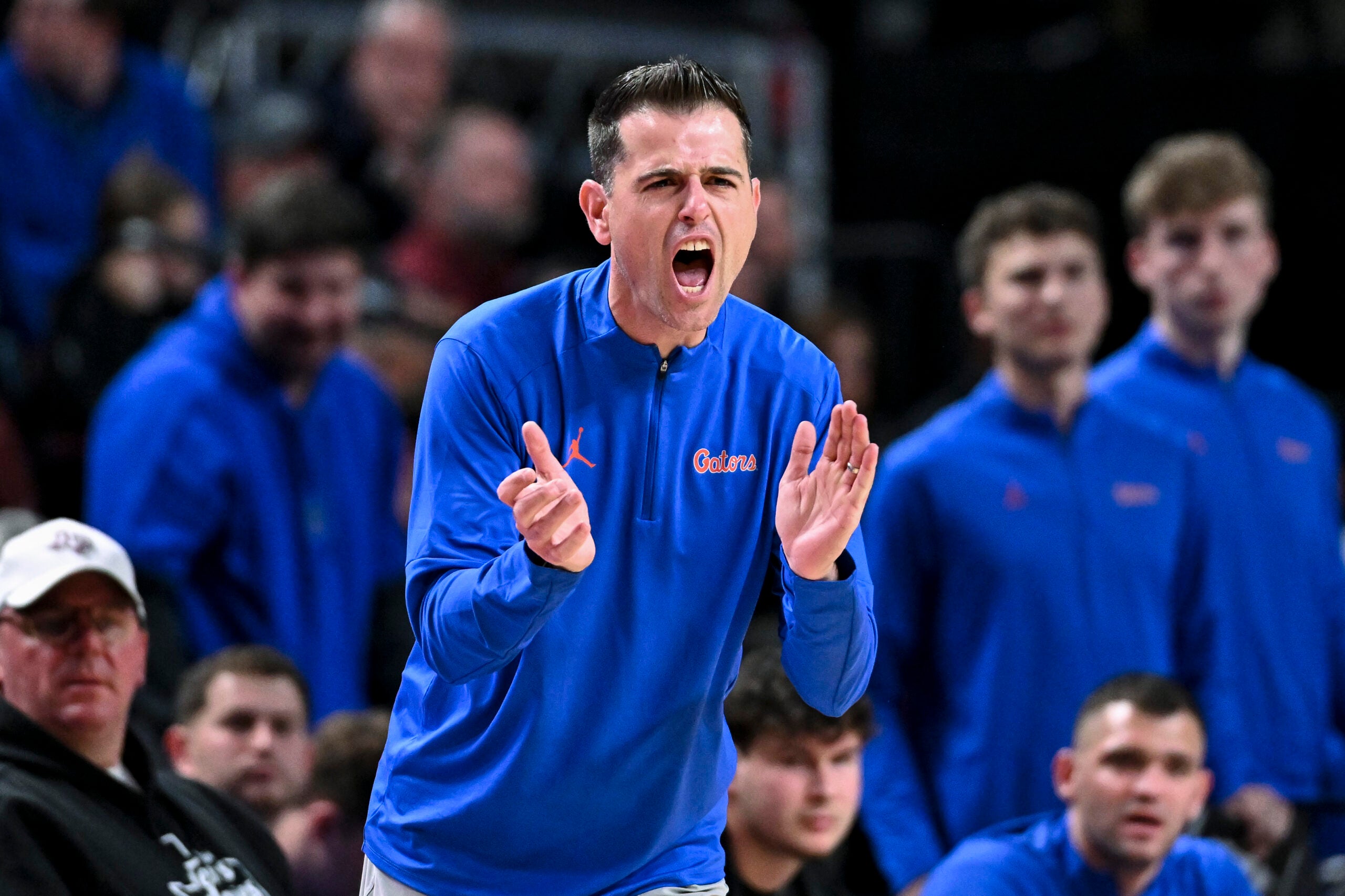 Feb 7, 2026; College Station, Texas, USA; Florida Gators head coach Todd Golden reacts during the second half against the Texas A&M Aggies at Reed Arena.