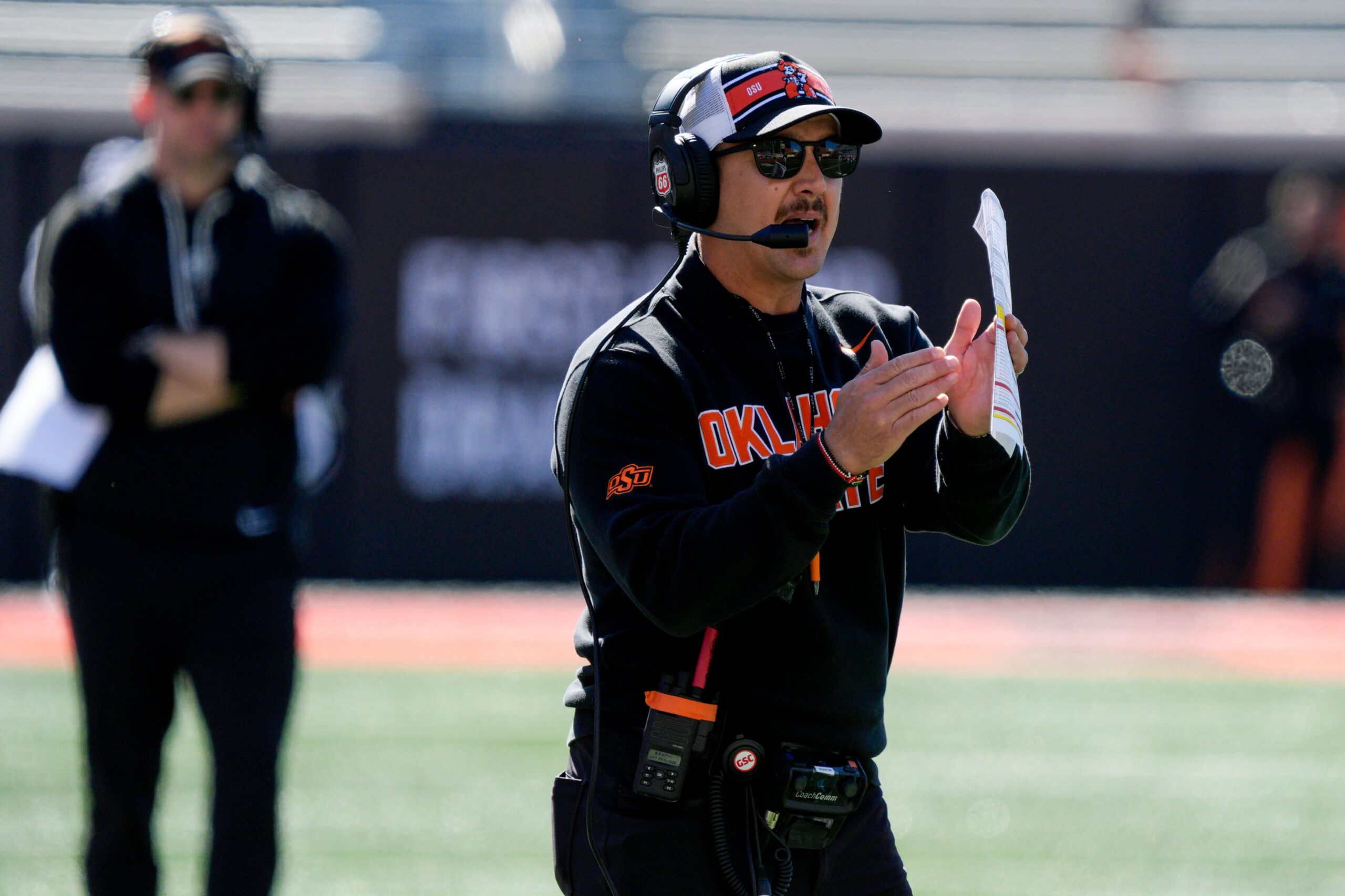Oklahoma State coach Eric Morris calls a time out during a spring football game for the Oklahoma State University Cowboys at Boone Pickens Stadium in Stillwater, Okla., Saturday, April 18, 2026.