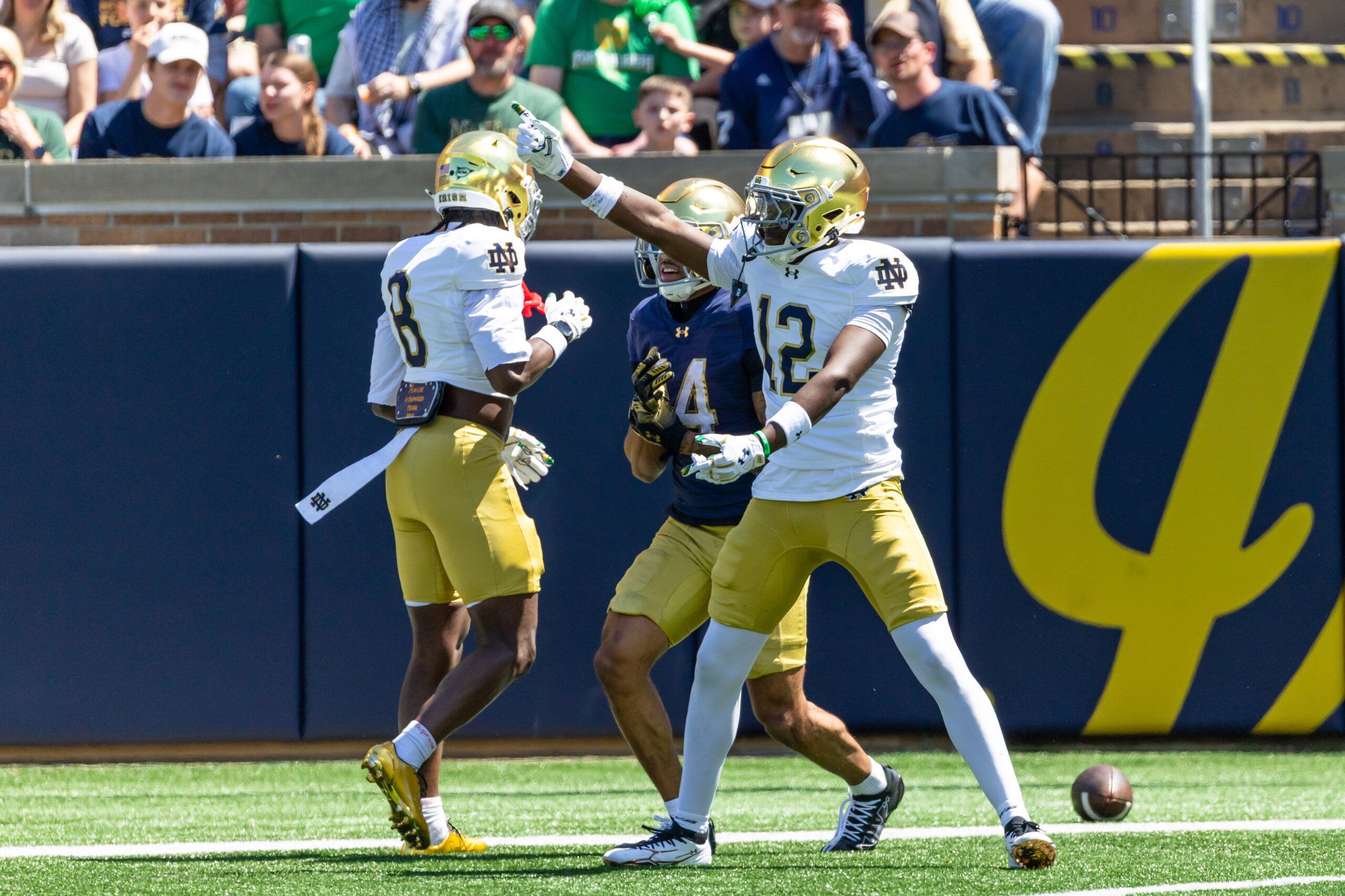 Apr 25, 2026; Notre Dame, IN, USA; Notre Dame Fighting Irish defensive back Jayden Sanders (12) celebrates breaking up a pass intended for wide receiver Bubba Frazier (4) during the Blue-Gold game at Notre Dame Stadium.