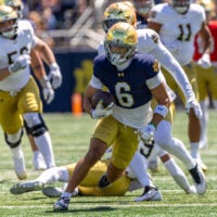 Apr 25, 2026; Notre Dame, IN, USA; Notre Dame Fighting Irish wide receiver Jordan Faison (6) runs with the ball during the Blue-Gold game at Notre Dame Stadium.
