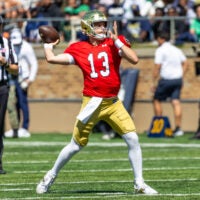 Apr 25, 2026; Notre Dame, IN, USA; Notre Dame Fighting Irish quarterback CJ Carr (13) throws a pass during the Blue-Gold game at Notre Dame Stadium.