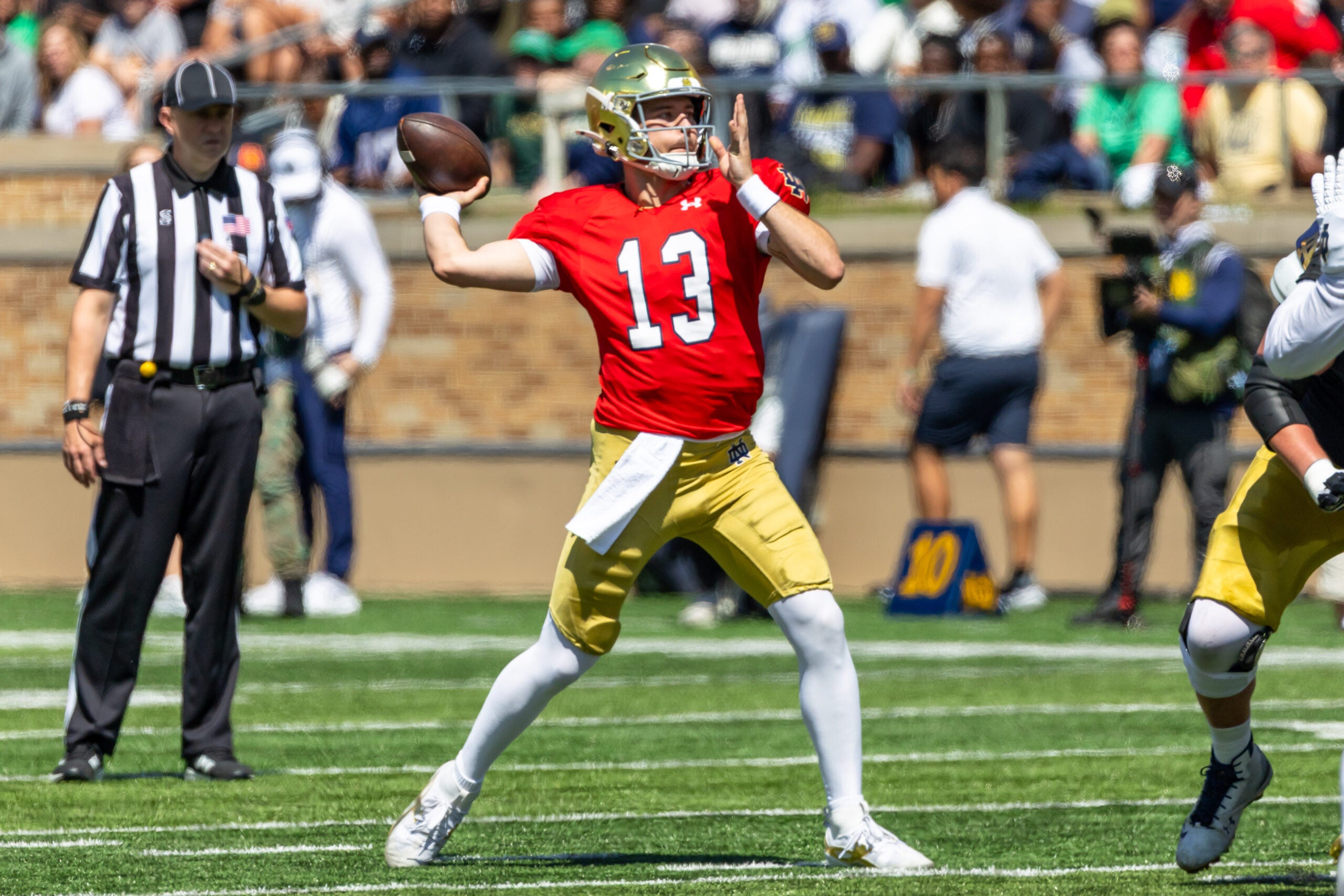 Apr 25, 2026; Notre Dame, IN, USA; Notre Dame Fighting Irish quarterback CJ Carr (13) throws a pass during the Blue-Gold game at Notre Dame Stadium.