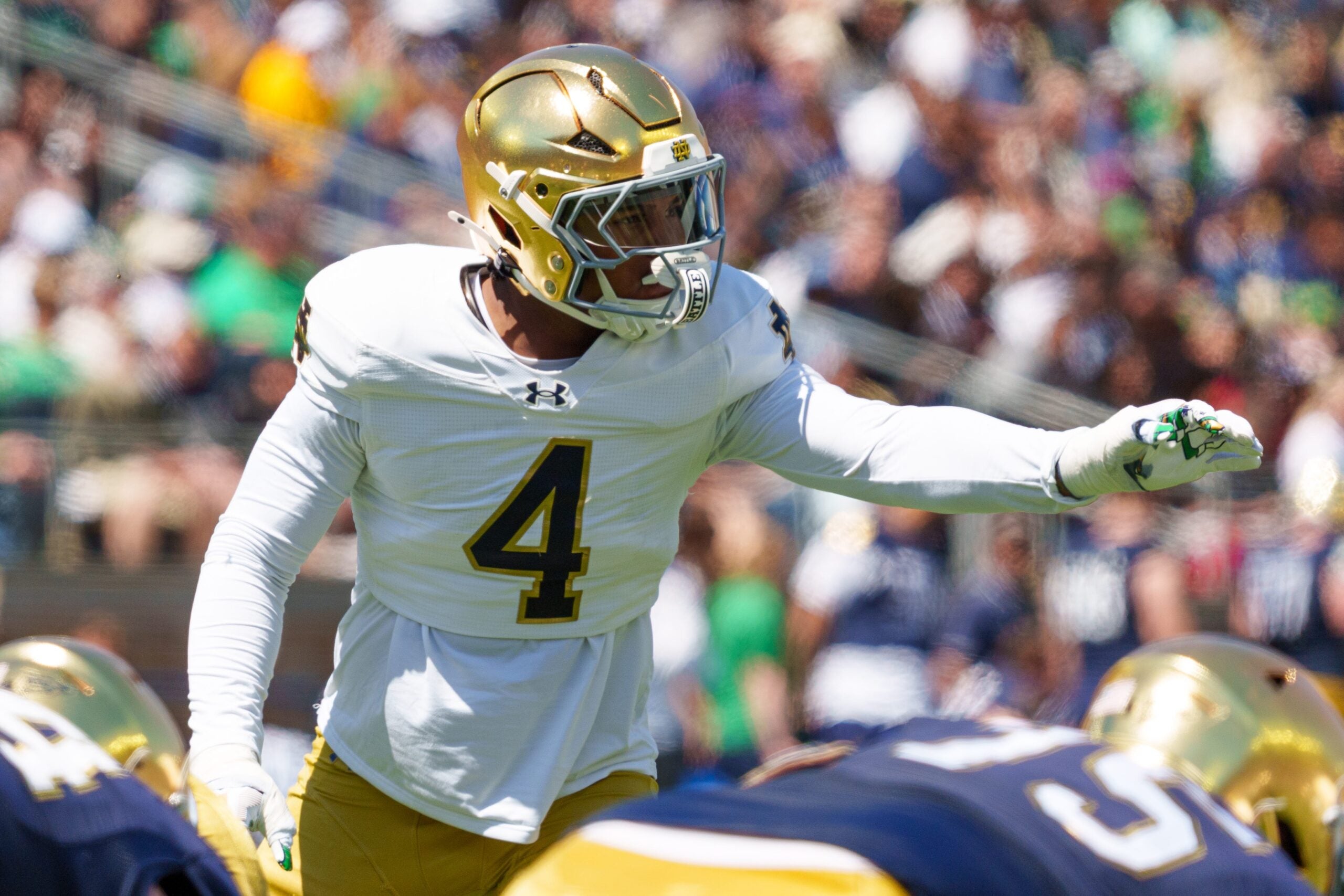 Notre Dame linebacker Jaiden Ausberry during the Blue-Gold spring game at Notre Dame Stadium on Saturday, April 25, 2026, in South Bend.