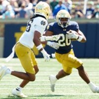 Notre Dame running back Jonaz Walton (20) runs the ball during the Blue-Gold spring game at Notre Dame Stadium on Saturday, April 25, 2026, in South Bend.
