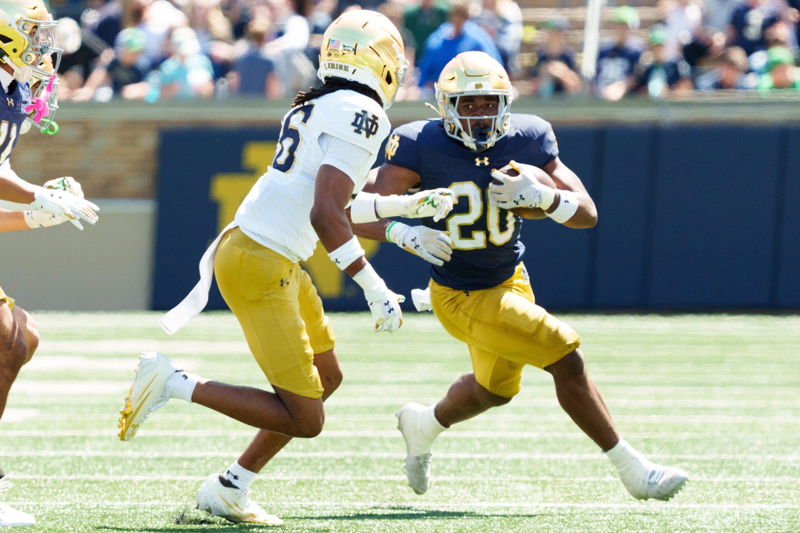 Notre Dame running back Jonaz Walton (20) runs the ball during the Blue-Gold spring game at Notre Dame Stadium on Saturday, April 25, 2026, in South Bend.