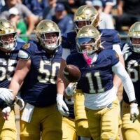 Notre Dame wide receiver Devin Fitzgerald (11) celebrates after scoring a touchdown during the Blue-Gold spring game at Notre Dame Stadium on Saturday, April 25, 2026, in South Bend.
