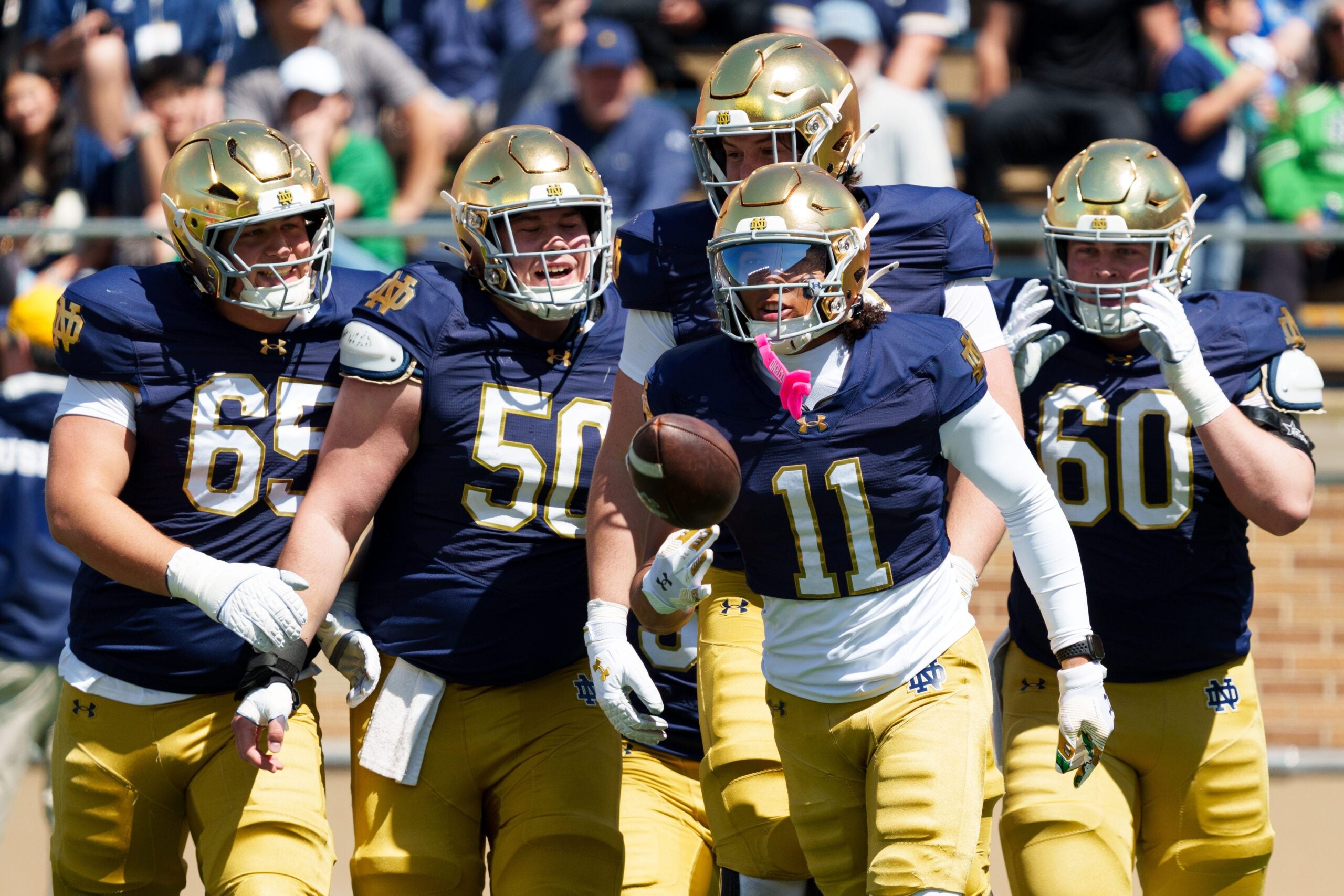 Notre Dame wide receiver Devin Fitzgerald (11) celebrates after scoring a touchdown during the Blue-Gold spring game at Notre Dame Stadium on Saturday, April 25, 2026, in South Bend.