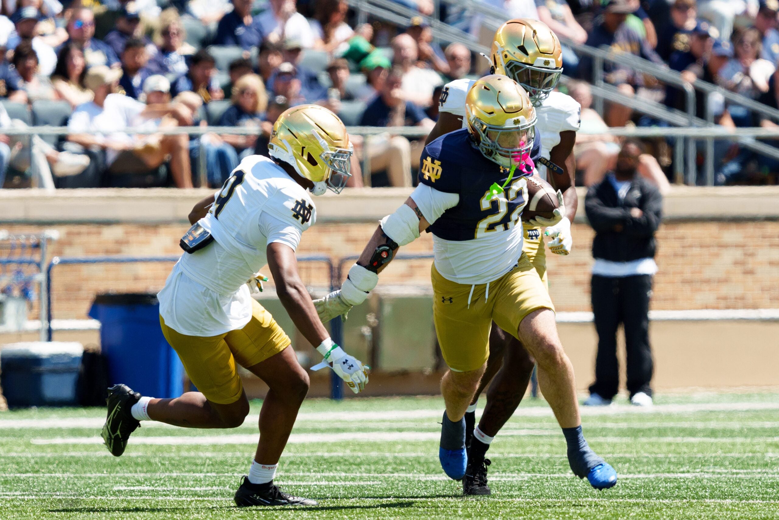 Notre Dame running back Aneyas Williams (22) runs the ball during the Blue-Gold spring game at Notre Dame Stadium on Saturday, April 25, 2026, in South Bend.