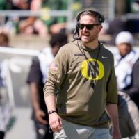 Oregon head coach Dan Lanning walks the field during the Oregon Ducks annual spring game on April 25, 2026 at Autzen Stadium in Eugene, Oregon.