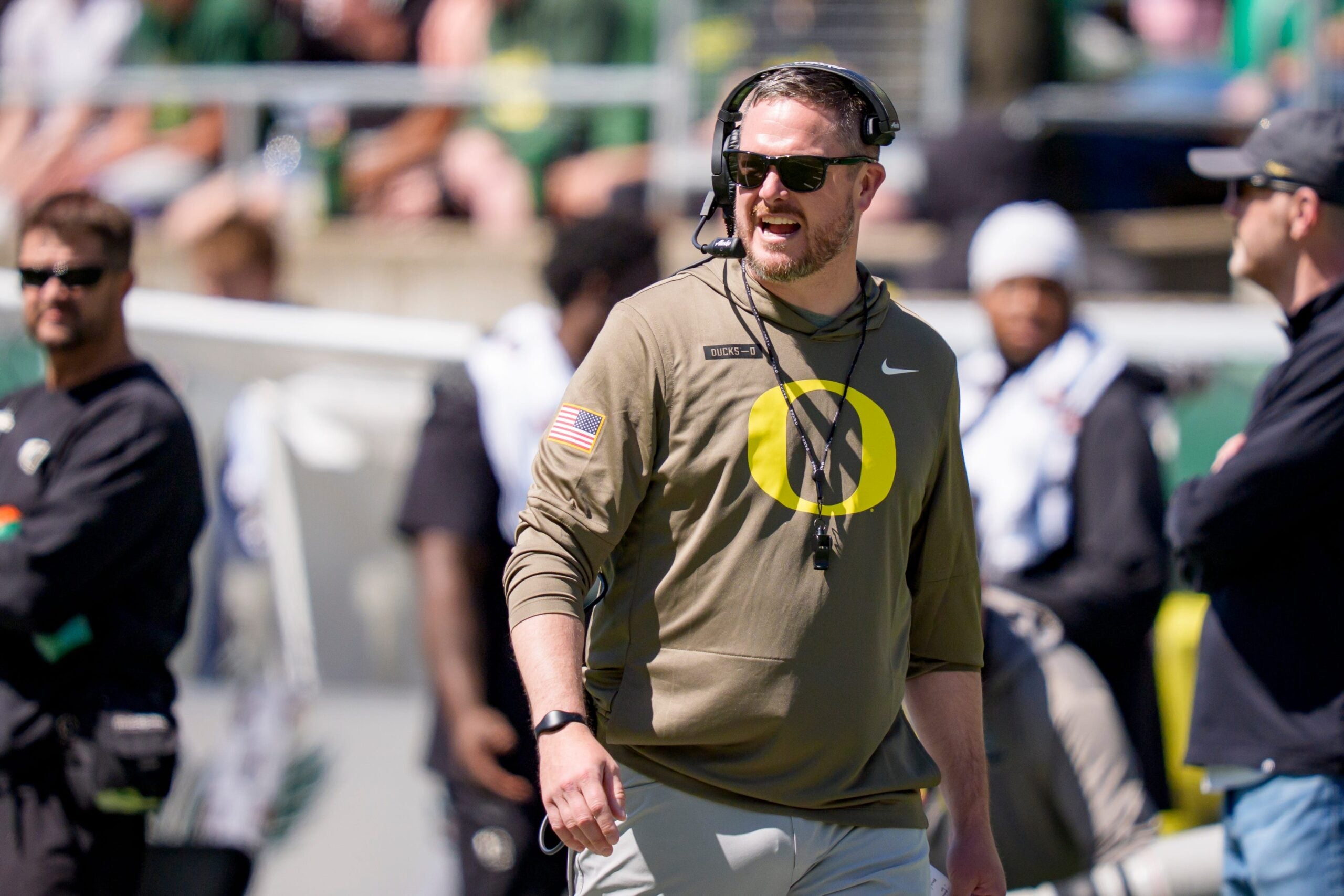 Oregon head coach Dan Lanning walks the field during the Oregon Ducks annual spring game on April 25, 2026 at Autzen Stadium in Eugene, Oregon.