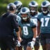 May 1, 2026; Philadelphia, PA, USA; Philadelphia Eagles wide receiver Makai Lemon (9) runs drills during rookie minicamp at NovaCare Complex.