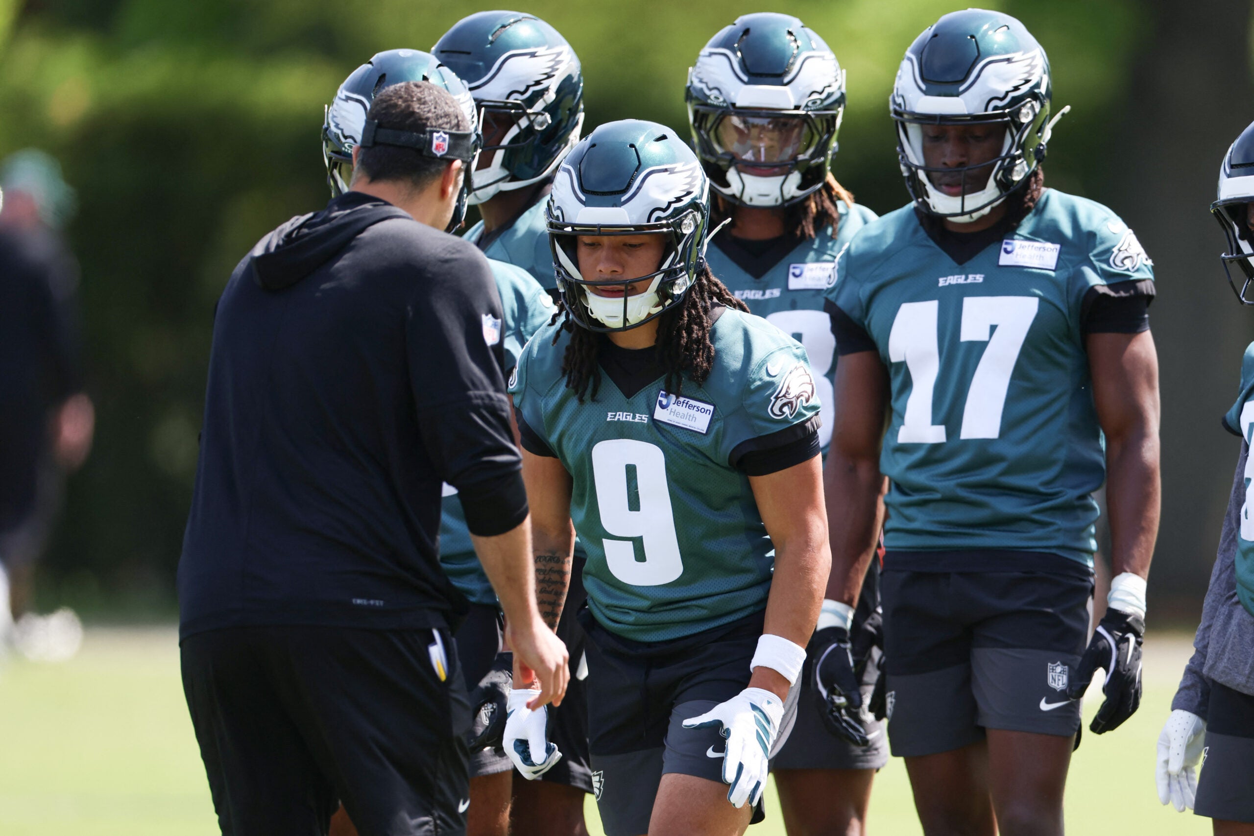 May 1, 2026; Philadelphia, PA, USA; Philadelphia Eagles wide receiver Makai Lemon (9) runs drills during rookie minicamp at NovaCare Complex.