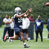 May 1, 2026; Frisco, TX, USA; Dallas Cowboys linebacker Jaishawn Barham (55) goes through a drill during practice at the Ford Center at the Star Training Facility in Frisco, Texas.
