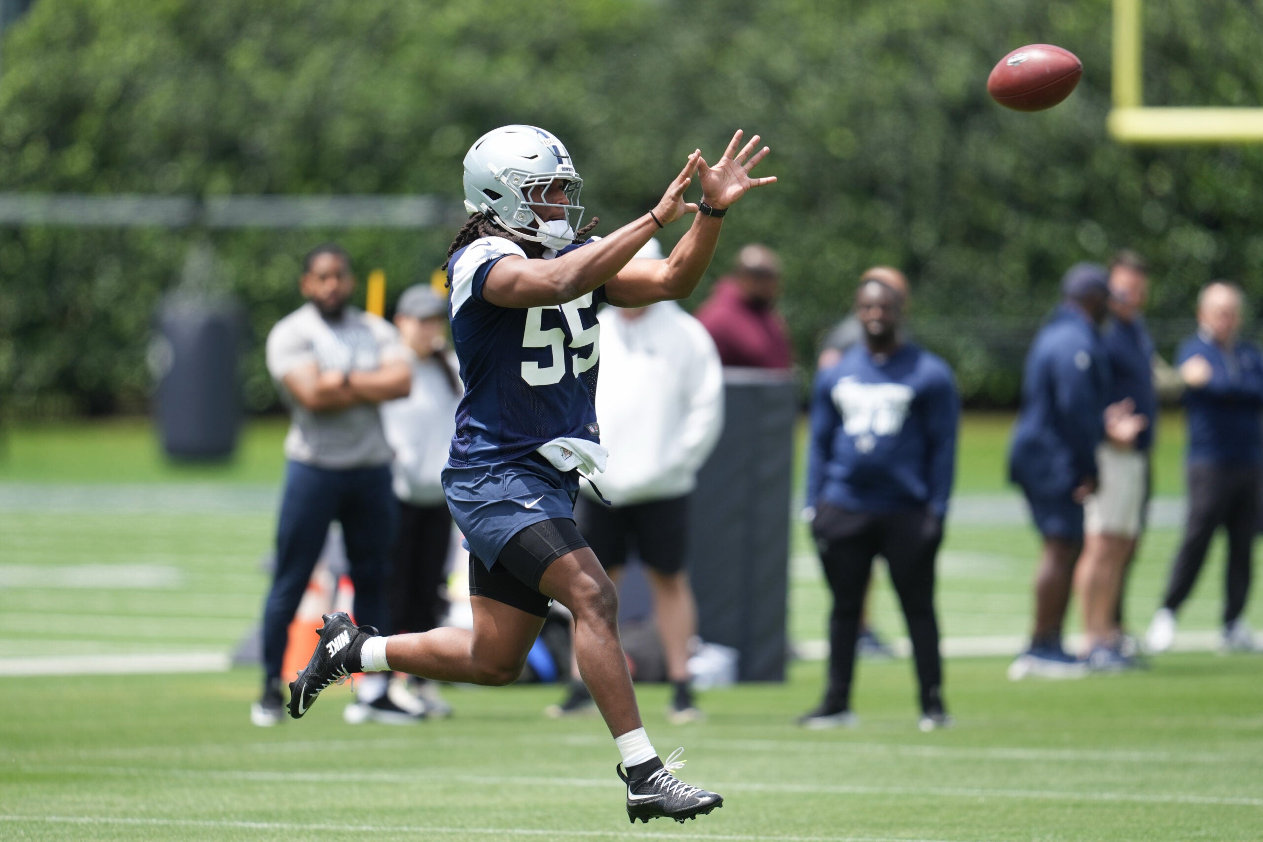 May 1, 2026; Frisco, TX, USA; Dallas Cowboys linebacker Jaishawn Barham (55) goes through a drill during practice at the Ford Center at the Star Training Facility in Frisco, Texas.