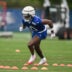 May 9, 2026; East Rutherford, NJ, USA; New York Giants wide receiver Malachi Fields (0) participates in a drill during rookie minicamp at Quest Diagnostics Training Center.