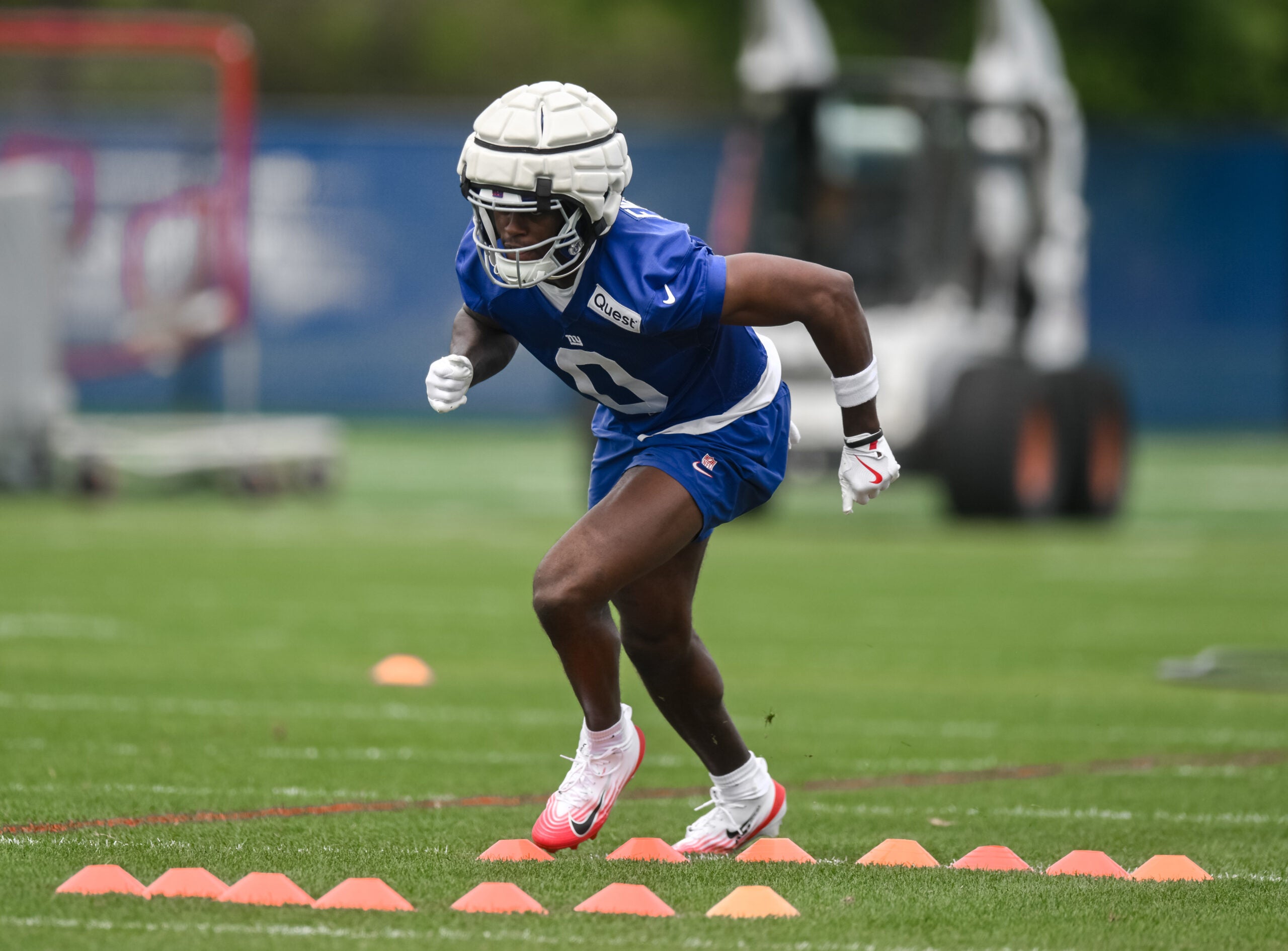 May 9, 2026; East Rutherford, NJ, USA; New York Giants wide receiver Malachi Fields (0) participates in a drill during rookie minicamp at Quest Diagnostics Training Center.