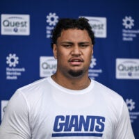 May 9, 2026; East Rutherford, NJ, USA; New York Giants offensive lineman Francis Mauigoa (65) speaks during a press conference at rookie minicamp at Quest Diagnostics Training Center.