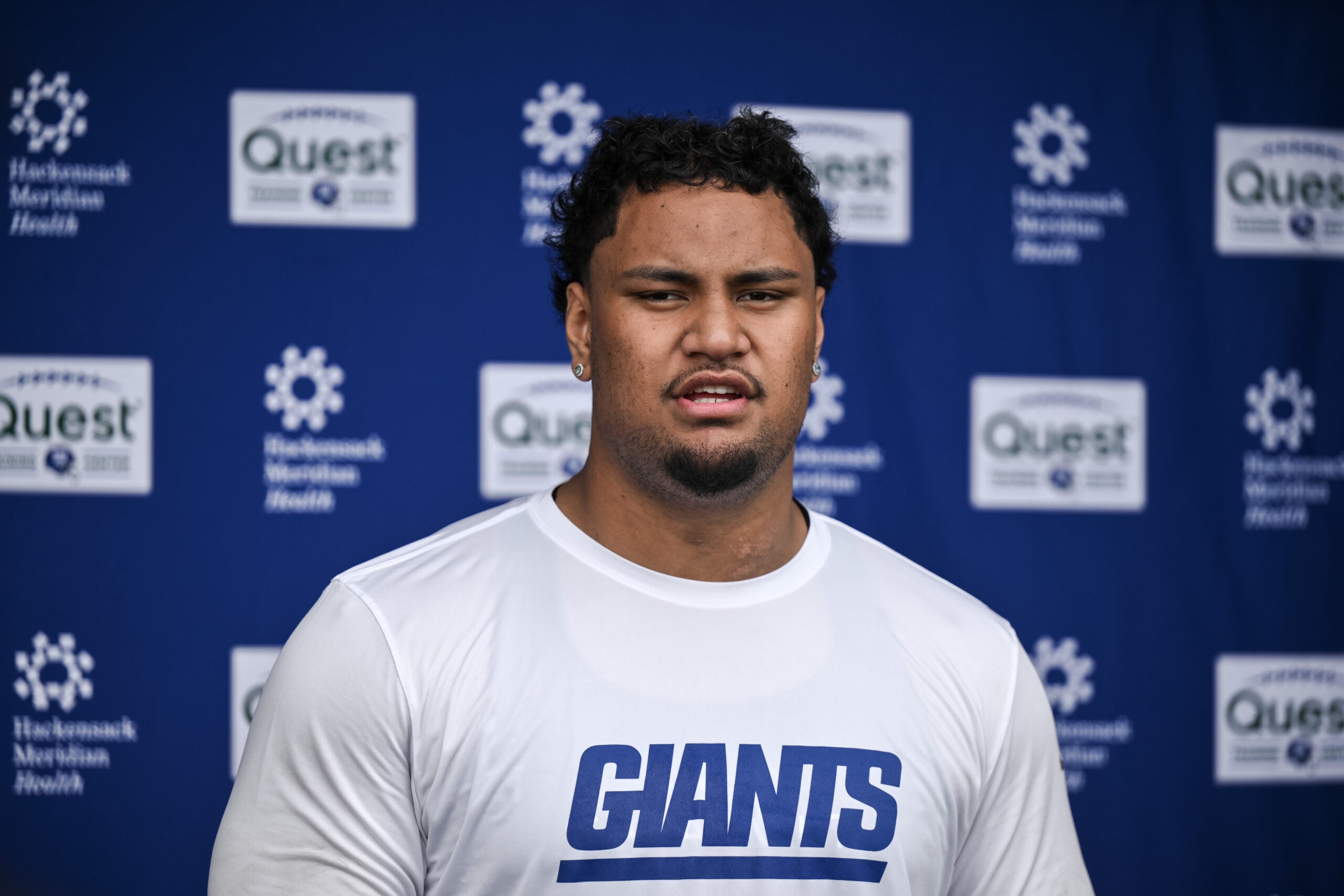 May 9, 2026; East Rutherford, NJ, USA; New York Giants offensive lineman Francis Mauigoa (65) speaks during a press conference at rookie minicamp at Quest Diagnostics Training Center.