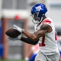 May 21, 2026; East Rutherford, NJ, USA; New York Giants safety Tyler Nubin (27) participates in a drill during organized team activities at Quest Diagnostics Training Center.