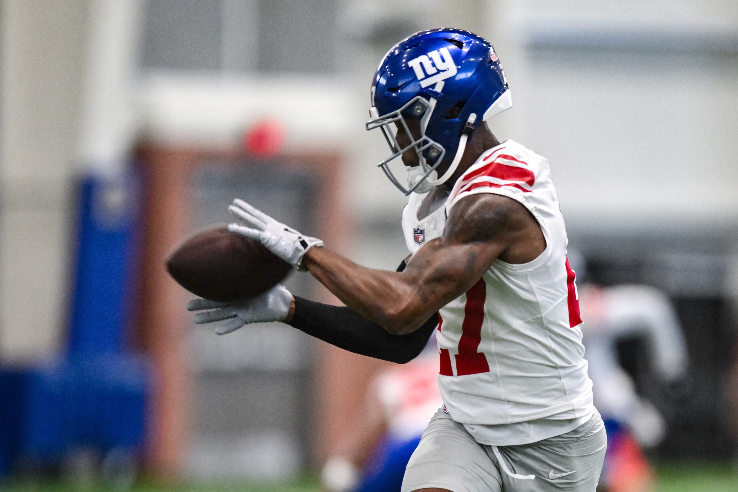 May 21, 2026; East Rutherford, NJ, USA; New York Giants safety Tyler Nubin (27) participates in a drill during organized team activities at Quest Diagnostics Training Center.