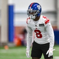 May 21, 2026; East Rutherford, NJ, USA; New York Giants safety Jevon Holland (8) participates in a drill during organized team activities at Quest Diagnostics Training Center.