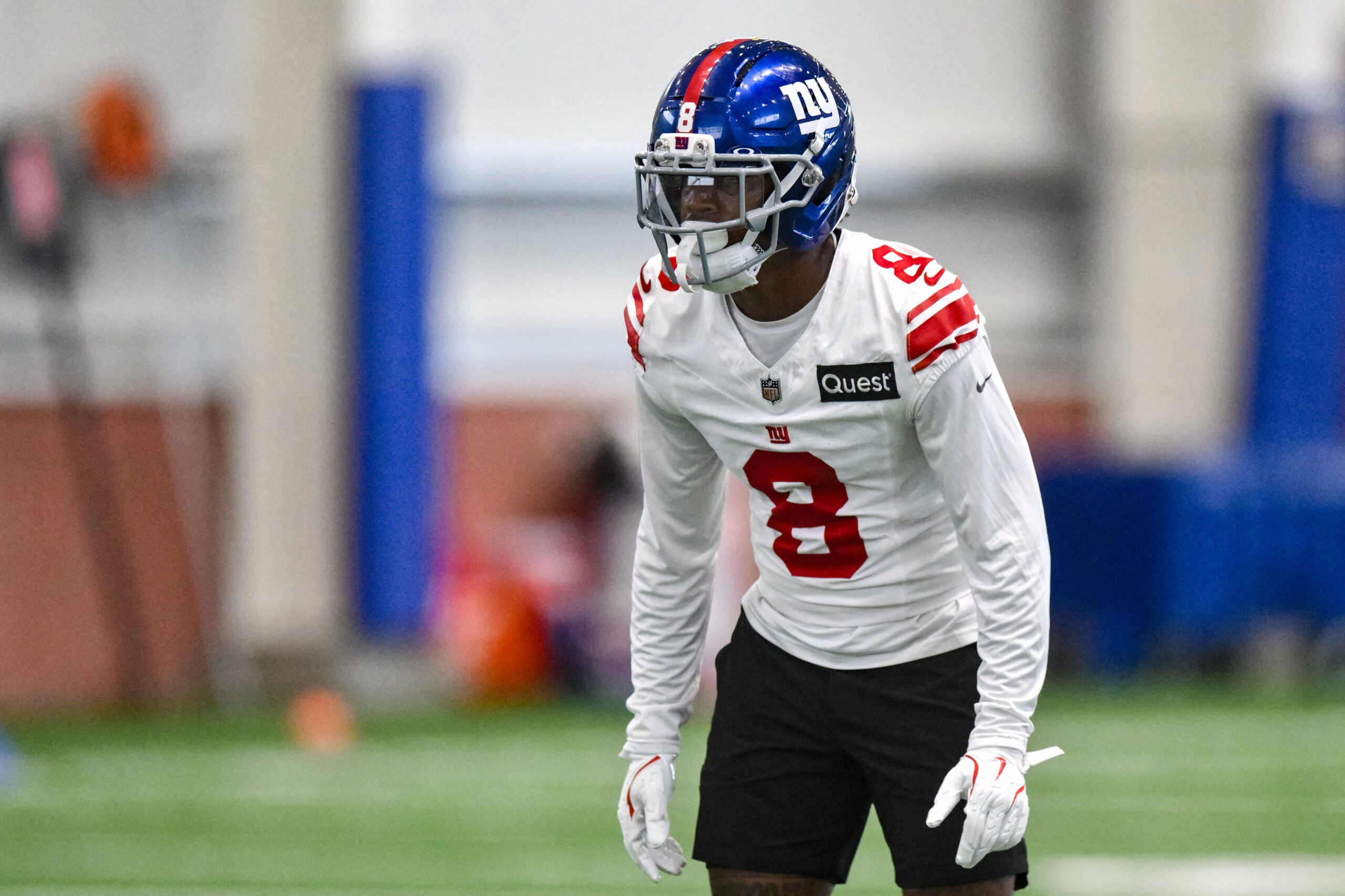 May 21, 2026; East Rutherford, NJ, USA; New York Giants safety Jevon Holland (8) participates in a drill during organized team activities at Quest Diagnostics Training Center.