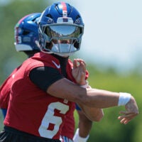 Jun 3, 2026; East Rutherford, NJ, USA; New York Giants quarterback Jaxson Dart (6) throws the ball during organized team activities at Quest Diagnostics Training Center.