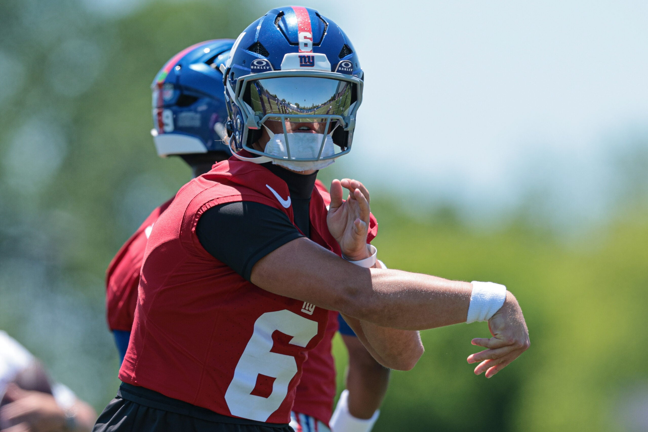 Jun 3, 2026; East Rutherford, NJ, USA; New York Giants quarterback Jaxson Dart (6) throws the ball during organized team activities at Quest Diagnostics Training Center.