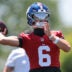 Jun 3, 2026; East Rutherford, NJ, USA; New York Giants quarterback Jaxson Dart (6) throws the ball during organized team activities at Quest Diagnostics Training Center.