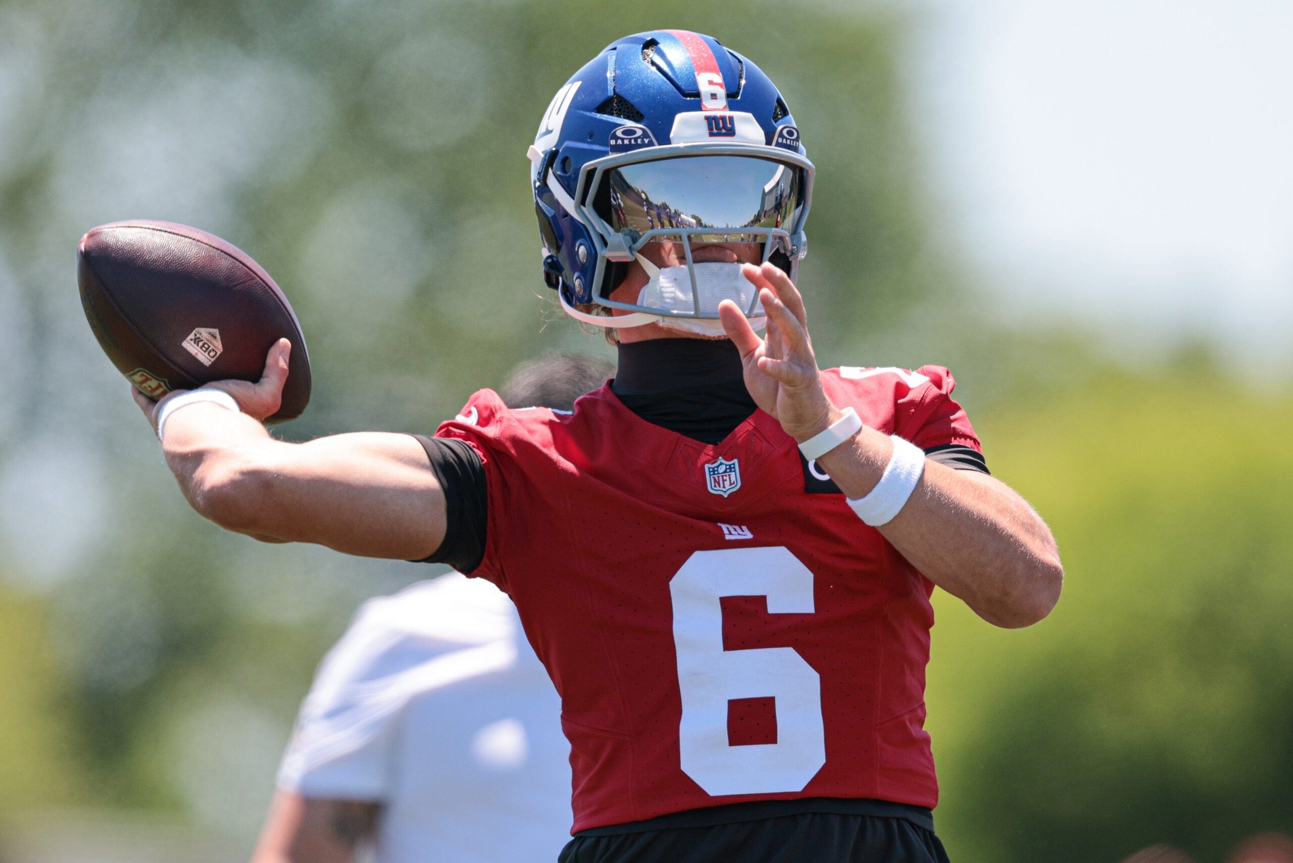 Jun 3, 2026; East Rutherford, NJ, USA; New York Giants quarterback Jaxson Dart (6) throws the ball during organized team activities at Quest Diagnostics Training Center.