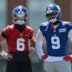 Jun 3, 2026; East Rutherford, NJ, USA; New York Giants quarterback Jaxson Dart (6) and tight end Isaiah Likely (9) talk during organized team activities at Quest Diagnostics Training Center.