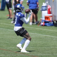 Jun 9, 2026; East Rutherford, NJ, USA; New York Giants wide receiver Odell Beckham Jr. (3) participates in drills during the minicamp activities at Quest Diagnostics Center.